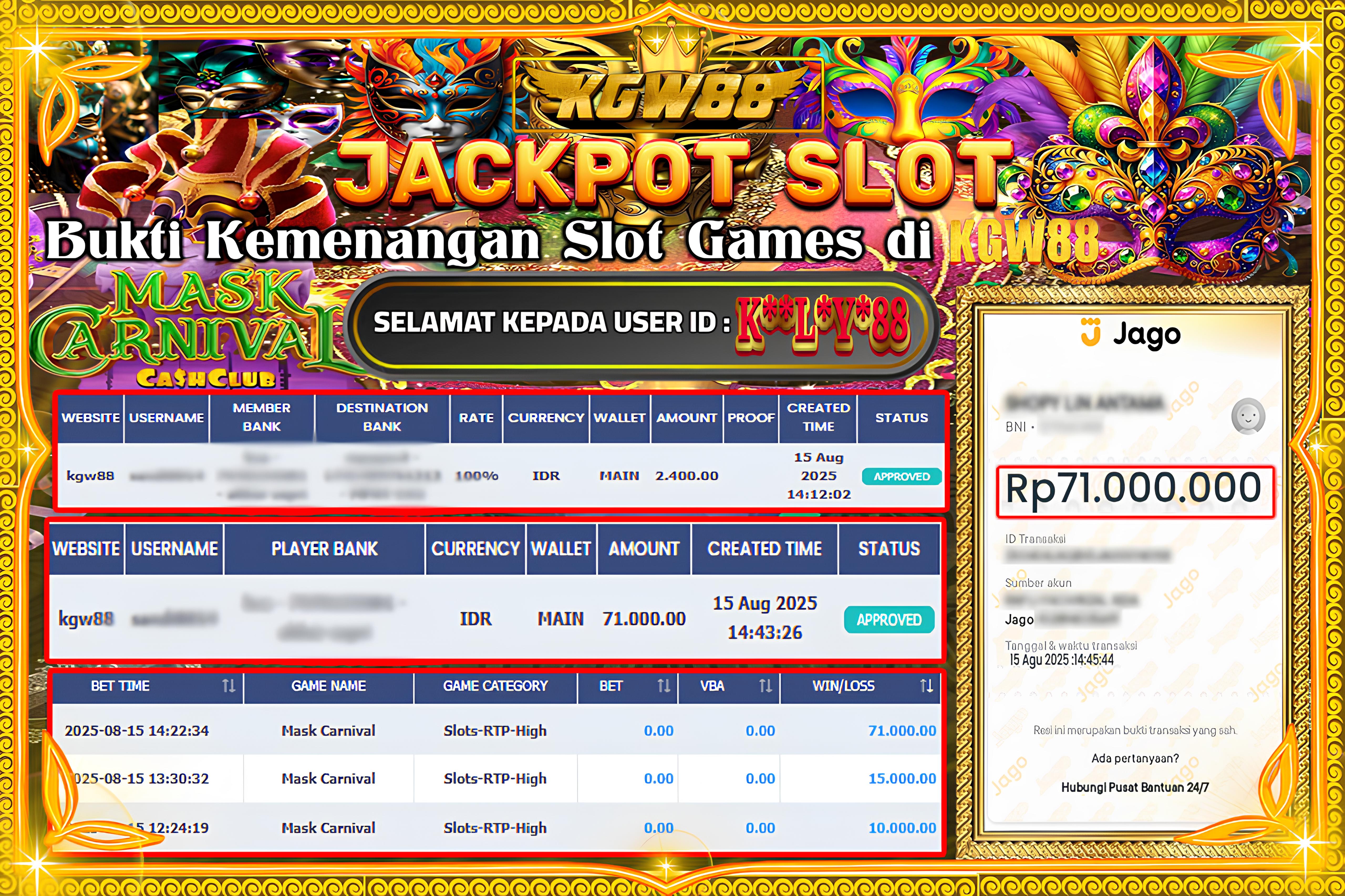 KGW88 JACKPOT Mask Carnival Rp.71.000.000,- LUNAS